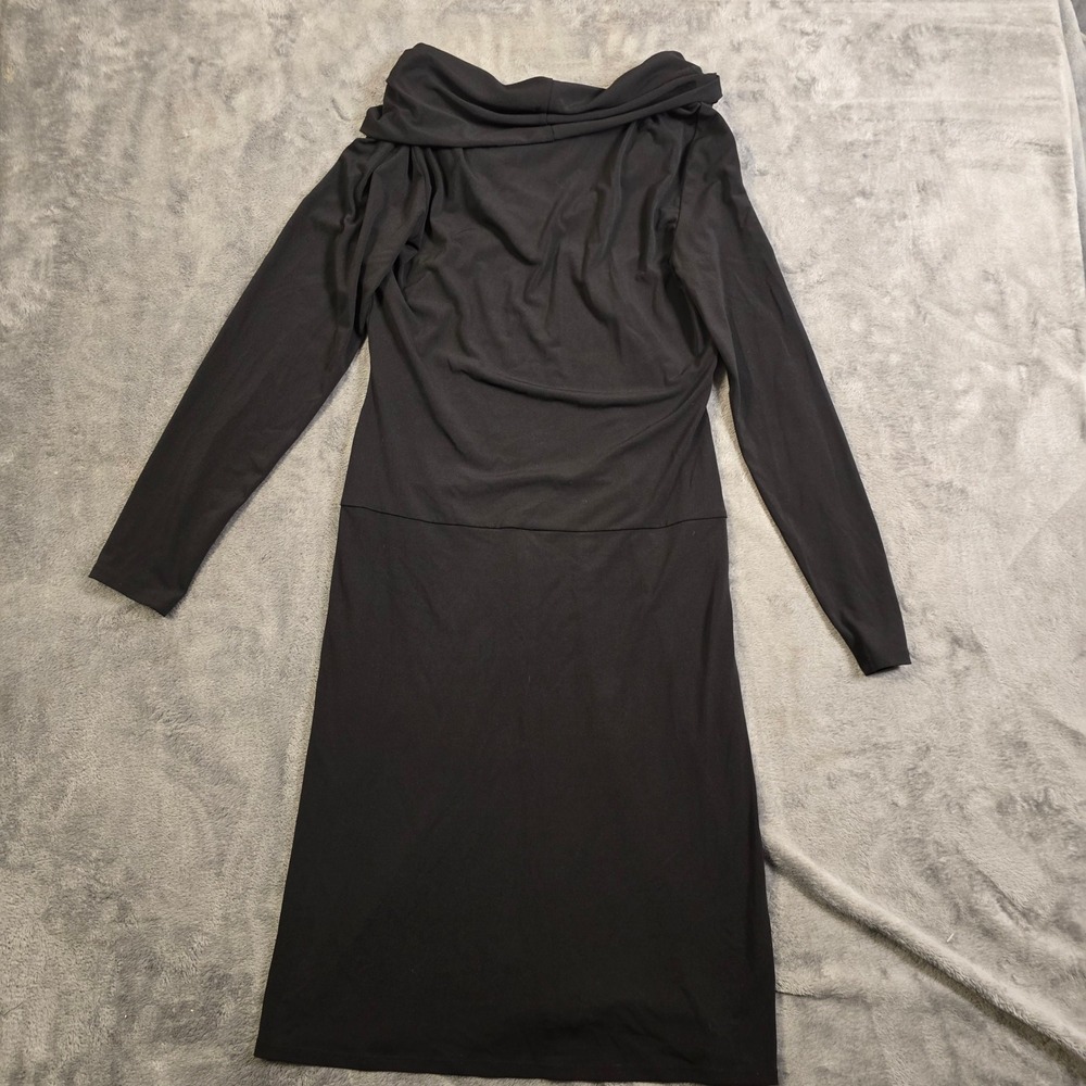 Chic Black Cowl Neck Midi Dress Small Ruched Draped Bodycon Cocktail Party Gala - Picture 9 of 16